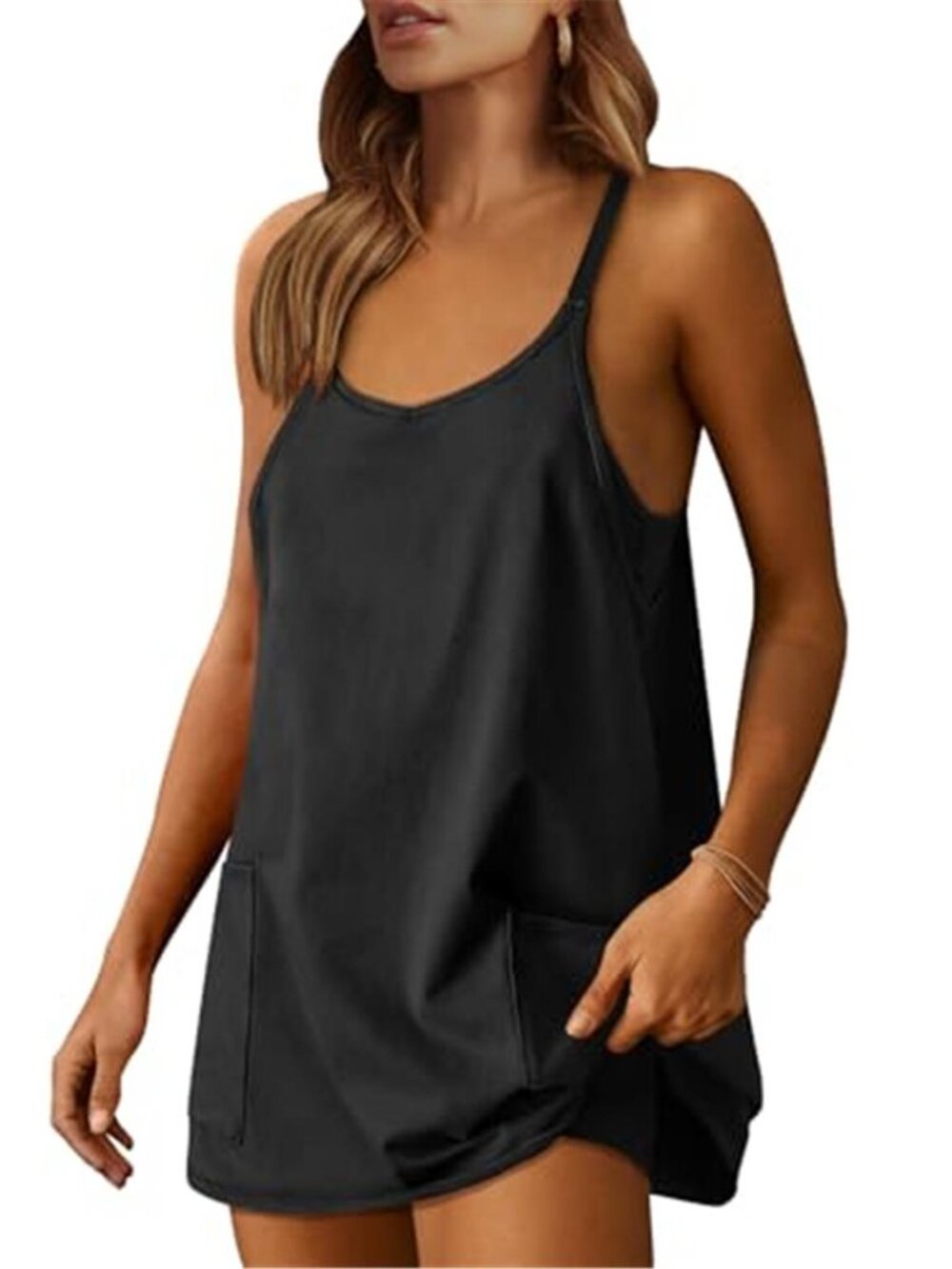 Caracilia Black Athletic Romper Dress Built-In Shorts Pocket Mini Dress